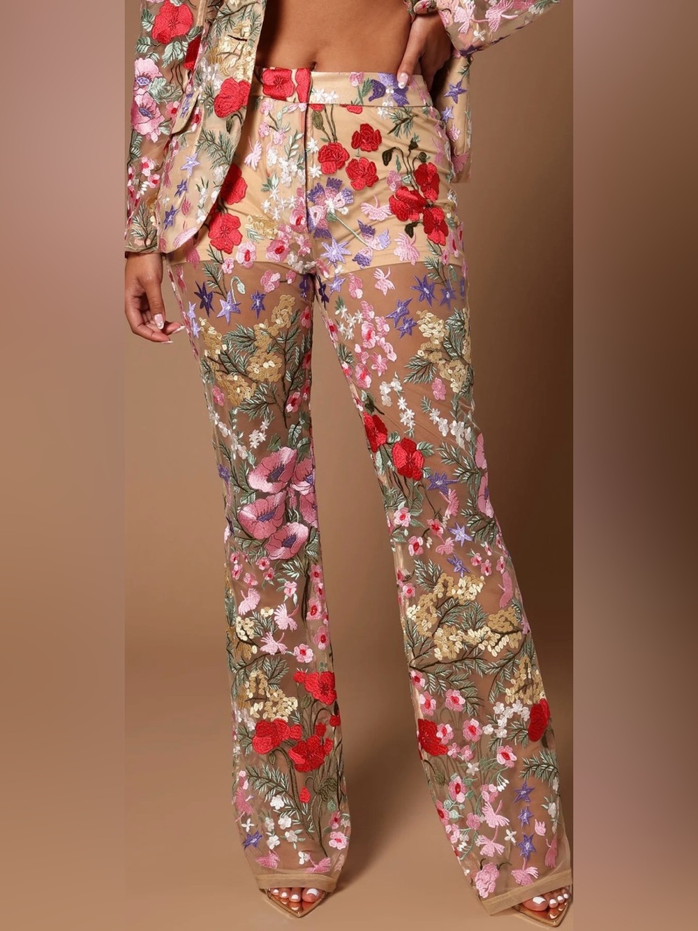 Fashion Nova Nude Sheer Embroidered Floral Suit Pants